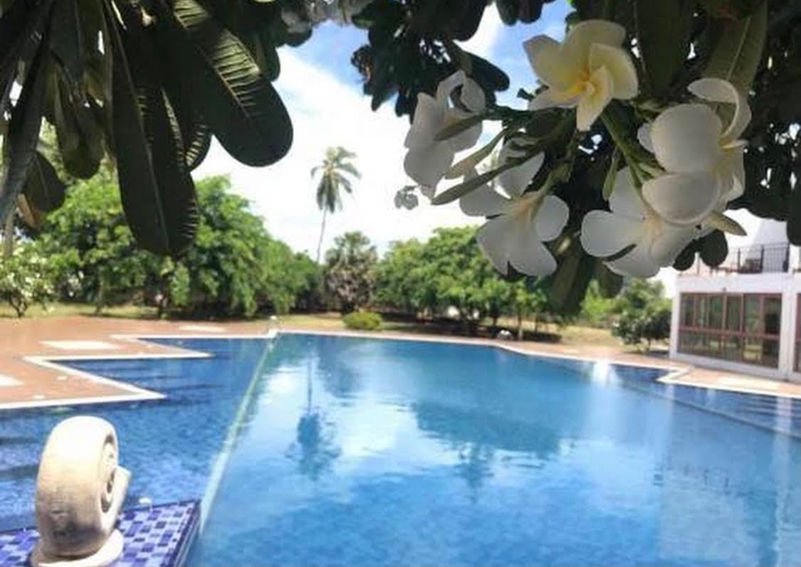 Swimming pool surrounded by resort gardens – kitesurfing accommodation in Kalpitiya